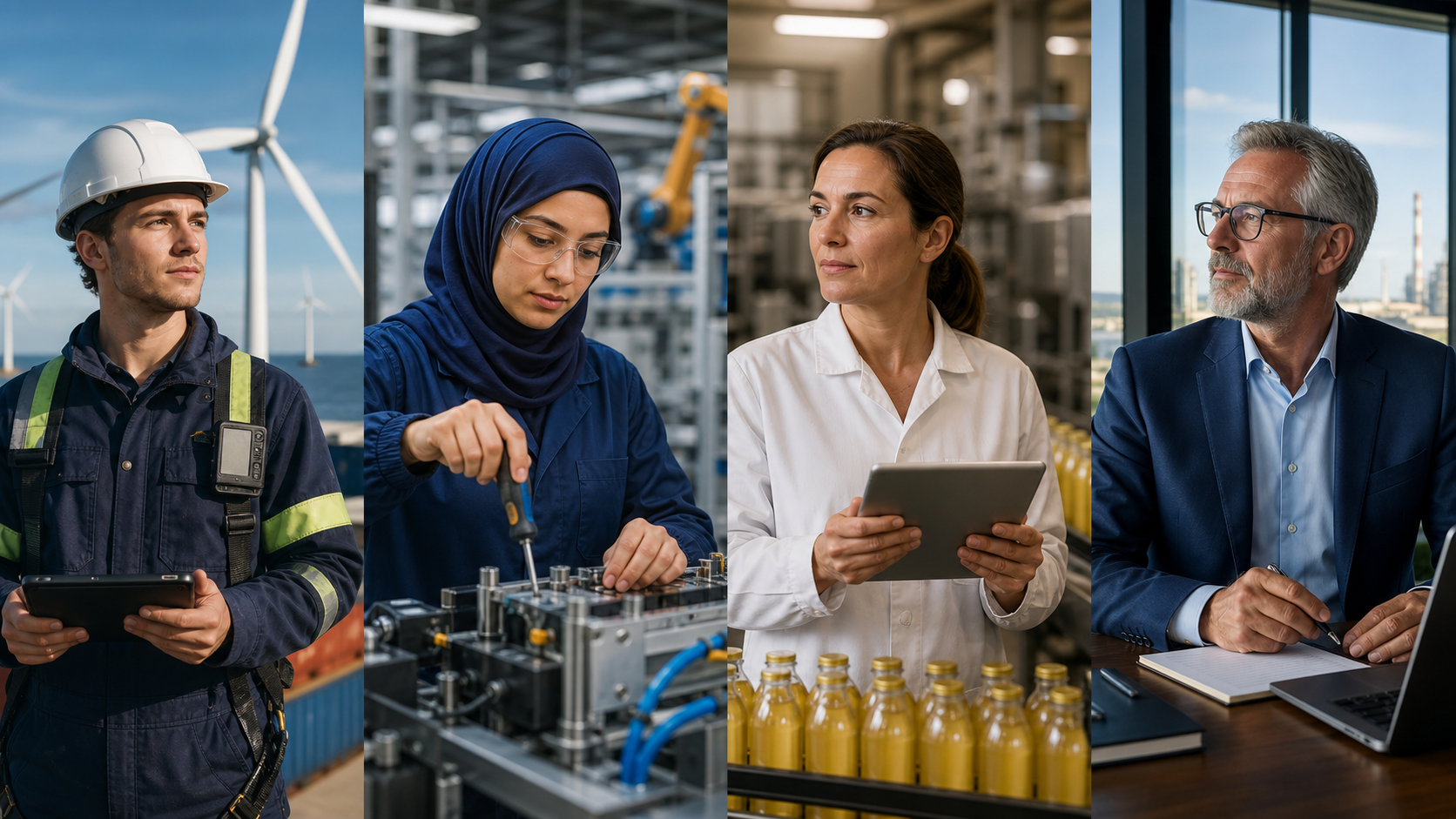 Four separate European workplaces showing an energy worker, technician, manager and executive
